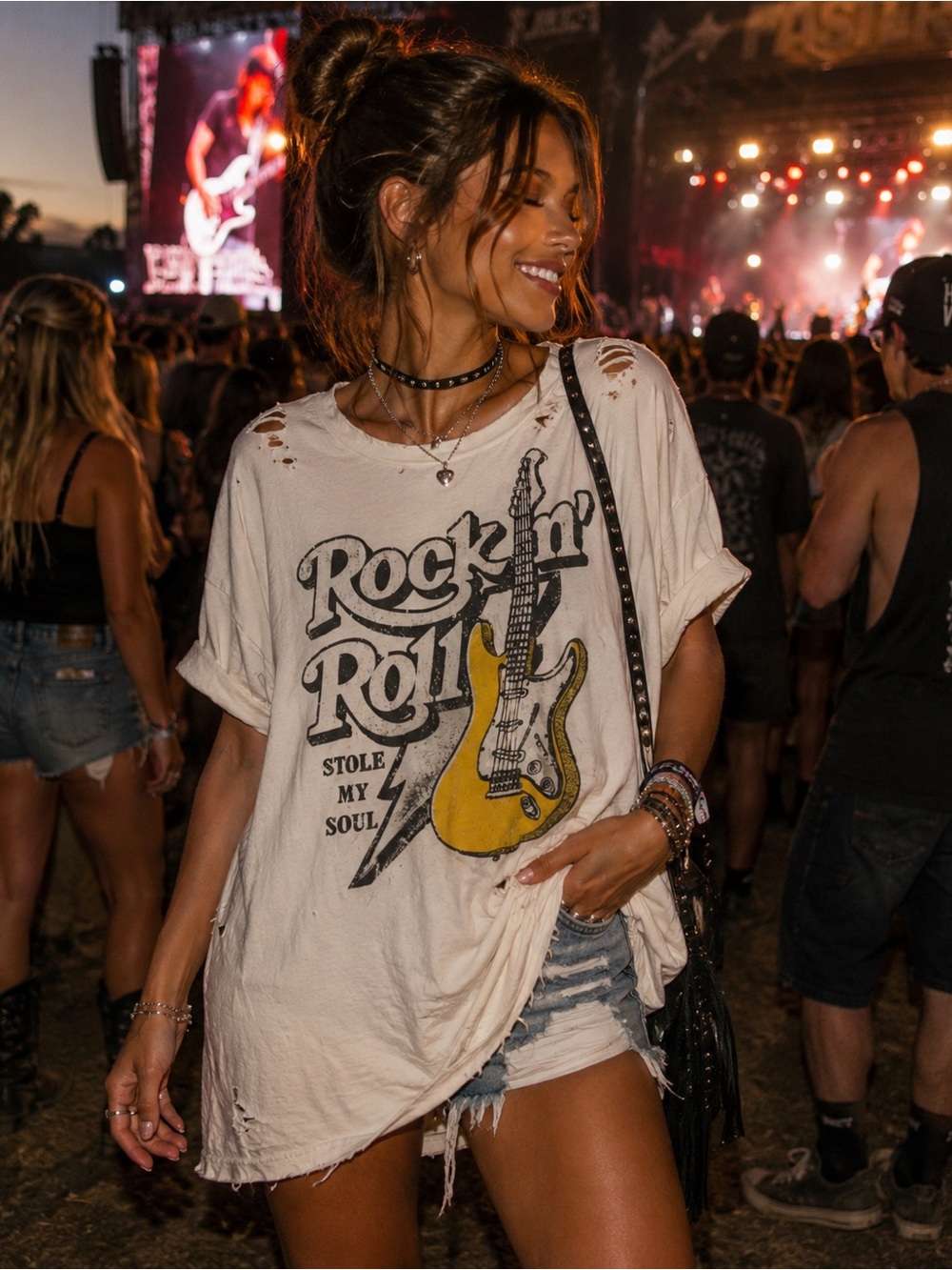 Vintage Rock 'n' Roll Graphic Tee with Yellow Guitar
